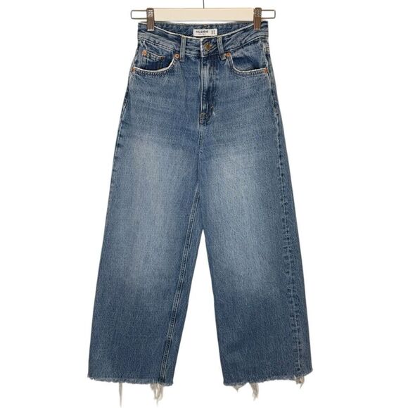 Pull & Bear High-Waist Distressed Wide-Leg Jeans 100% Cotton Women's 0 - Picture 1 of 8